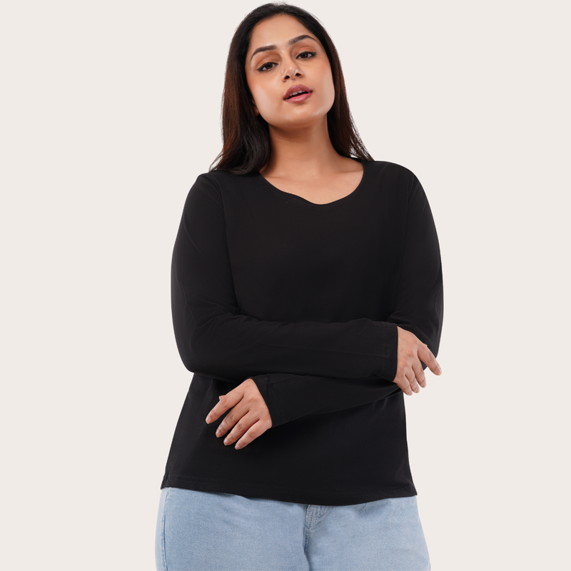 Brazen Black Full Sleeves Solid T-shirt for Women