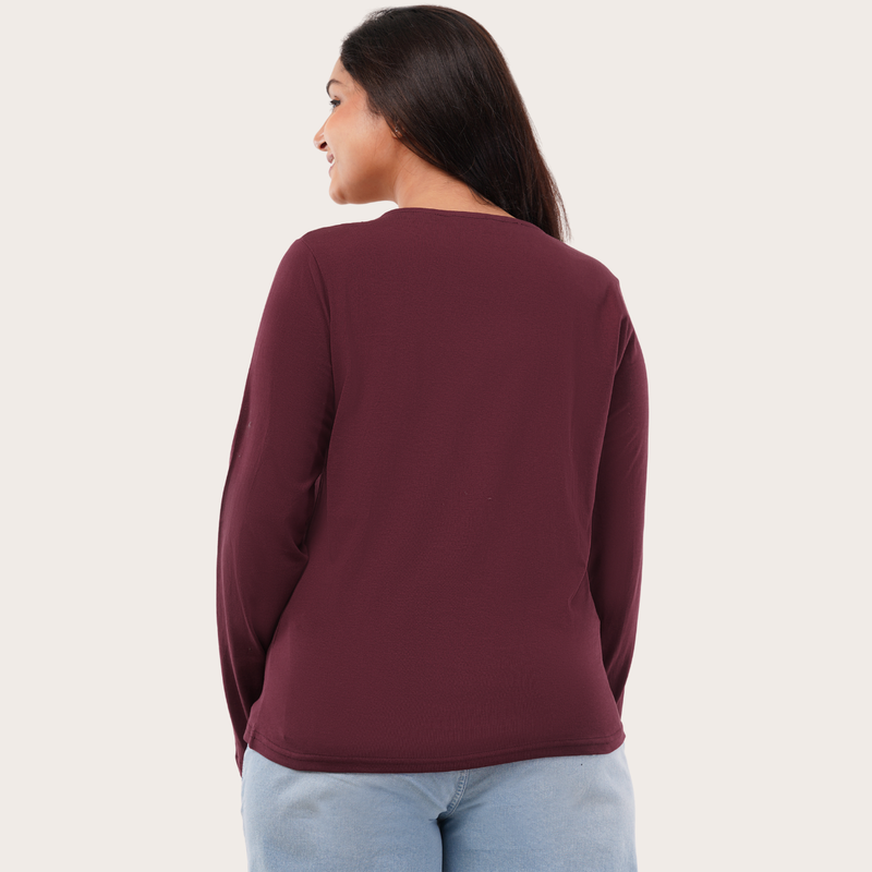 Burning Burgundy Full Sleeves Solid T-shirt for Women