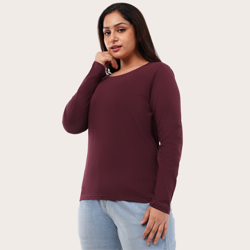 Burning Burgundy Full Sleeves Solid T-shirt for Women
