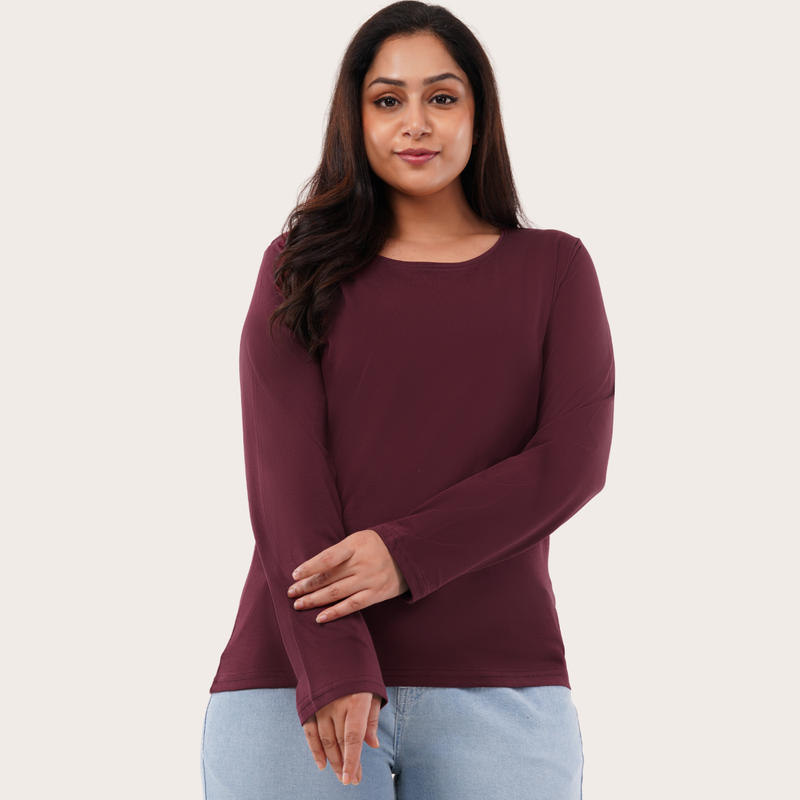 Burning Burgundy Full Sleeves Solid T-shirt for Women