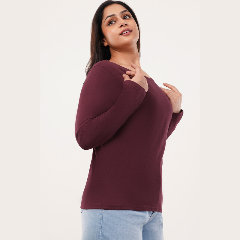 Burning Burgundy Full Sleeves Solid T-shirt for Women
