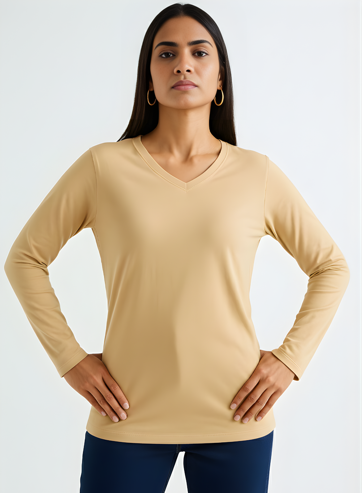 Biscotti Beige Full Sleeves V-Neck T-shirt