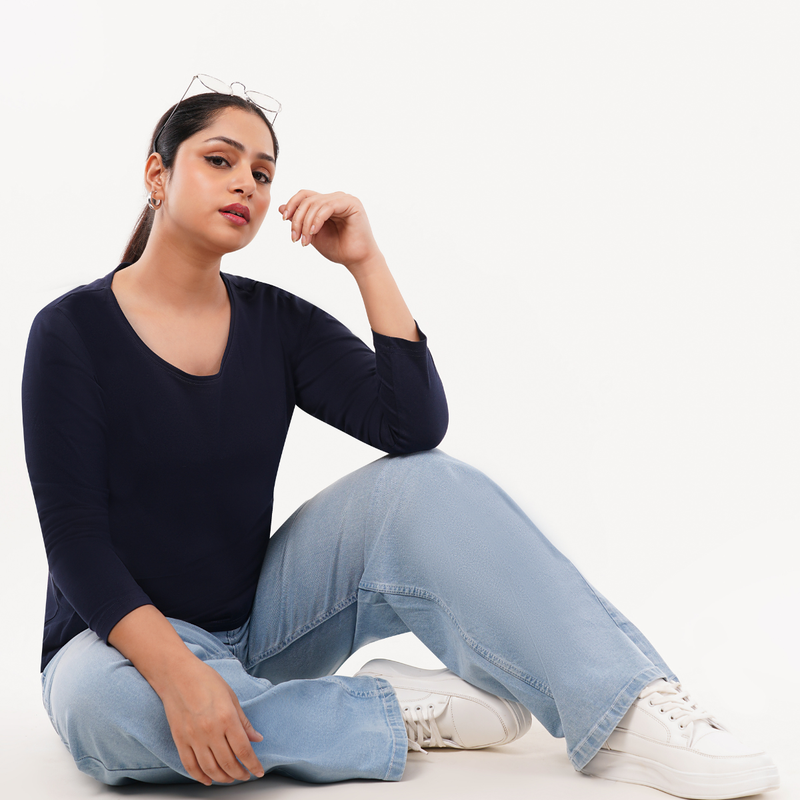 Ballsy Blue Full Sleeves Solid T-shirt for Women