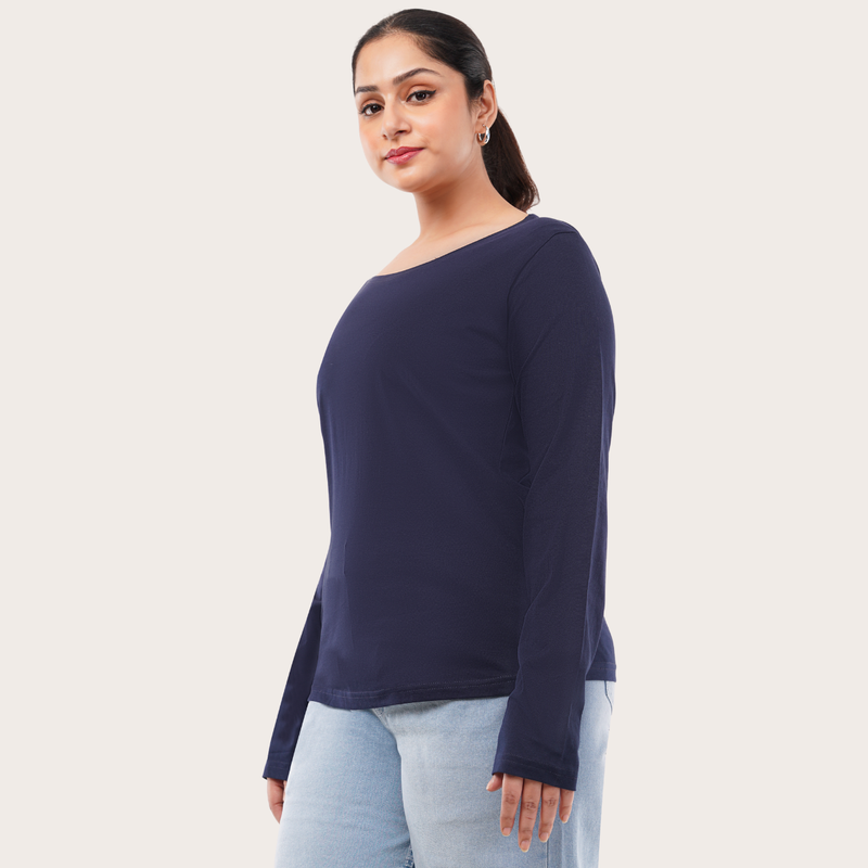 Ballsy Blue Full Sleeves Solid T-shirt for Women