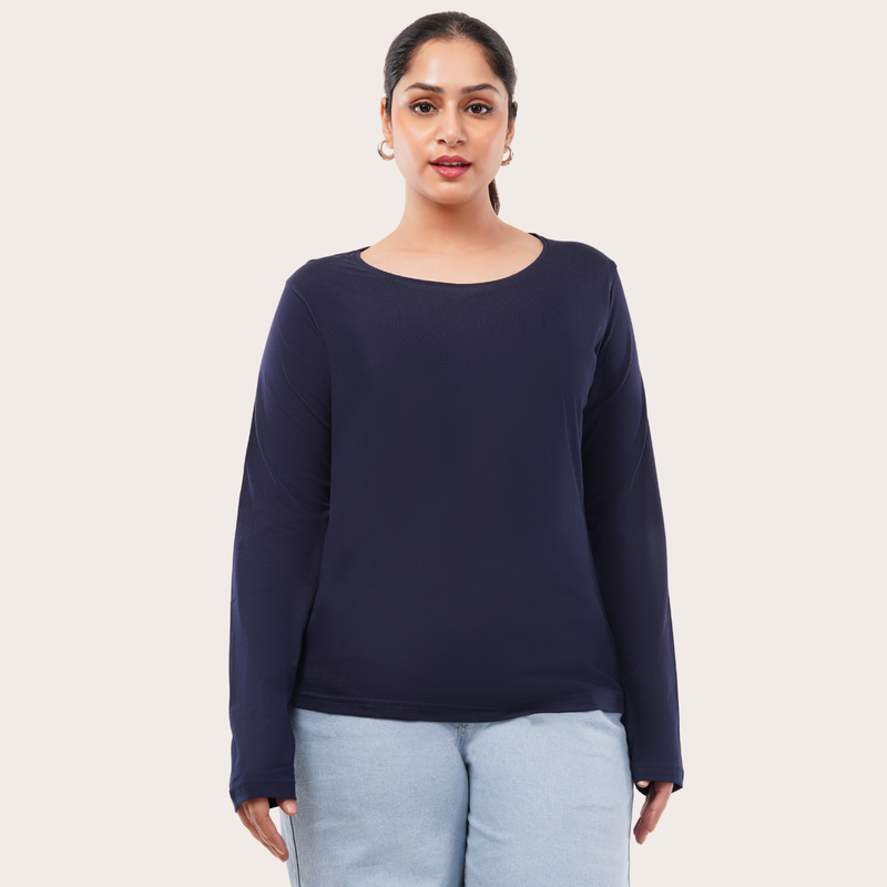 Ballsy Blue Full Sleeves Solid T-shirt for Women