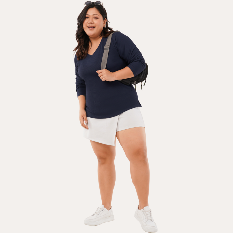 Ballsy Blue Ribbed V-Neck Full Sleeves T-shirt for Women