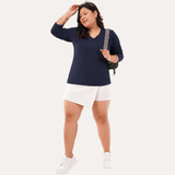 Ballsy Blue Ribbed V-Neck Full Sleeves T-shirt for Women