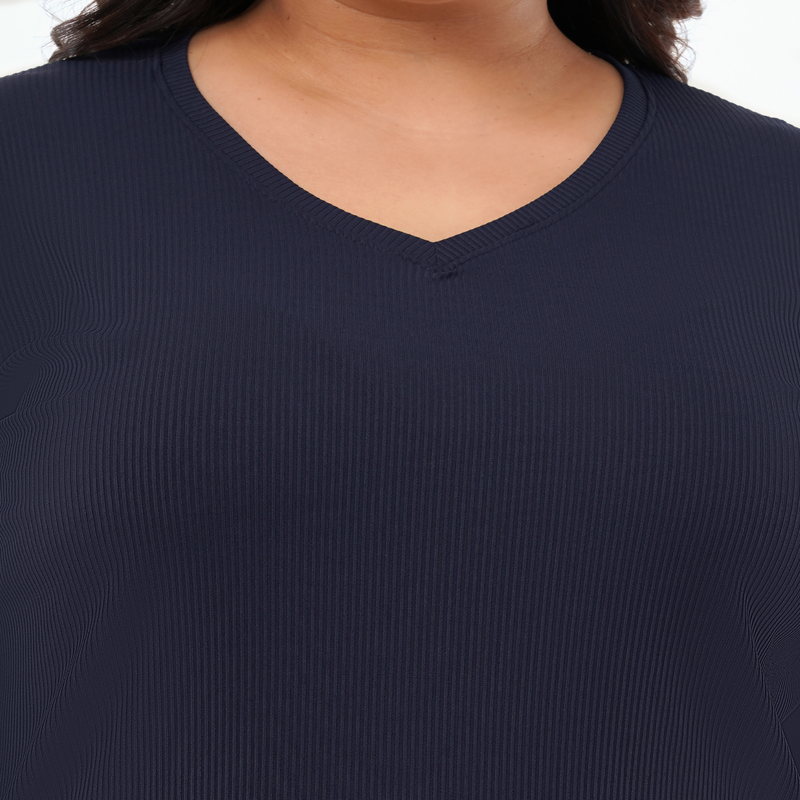 Ballsy Blue Ribbed V-Neck Full Sleeves T-shirt for Women