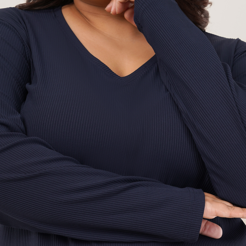 Ballsy Blue Ribbed V-Neck Full Sleeves T-shirt for Women