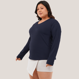 Ballsy Blue Ribbed V-Neck Full Sleeves T-shirt for Women