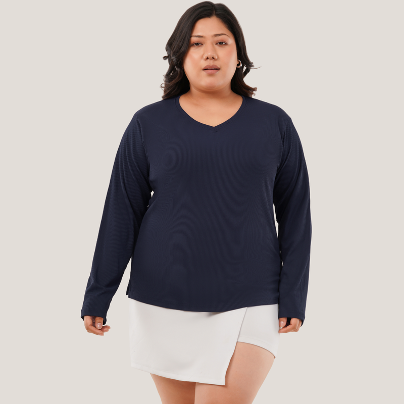 Ballsy Blue Ribbed V-Neck Full Sleeves T-shirt for Women