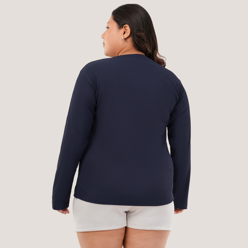 Ballsy Blue Ribbed V-Neck Full Sleeves T-shirt for Women