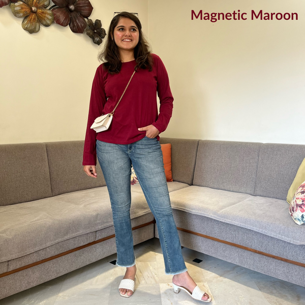 Magnetic Maroon Full Sleeves Solid T-shirt for Women