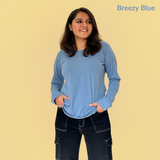 Breezy Blue Full Sleeves Solid T-shirt for Women