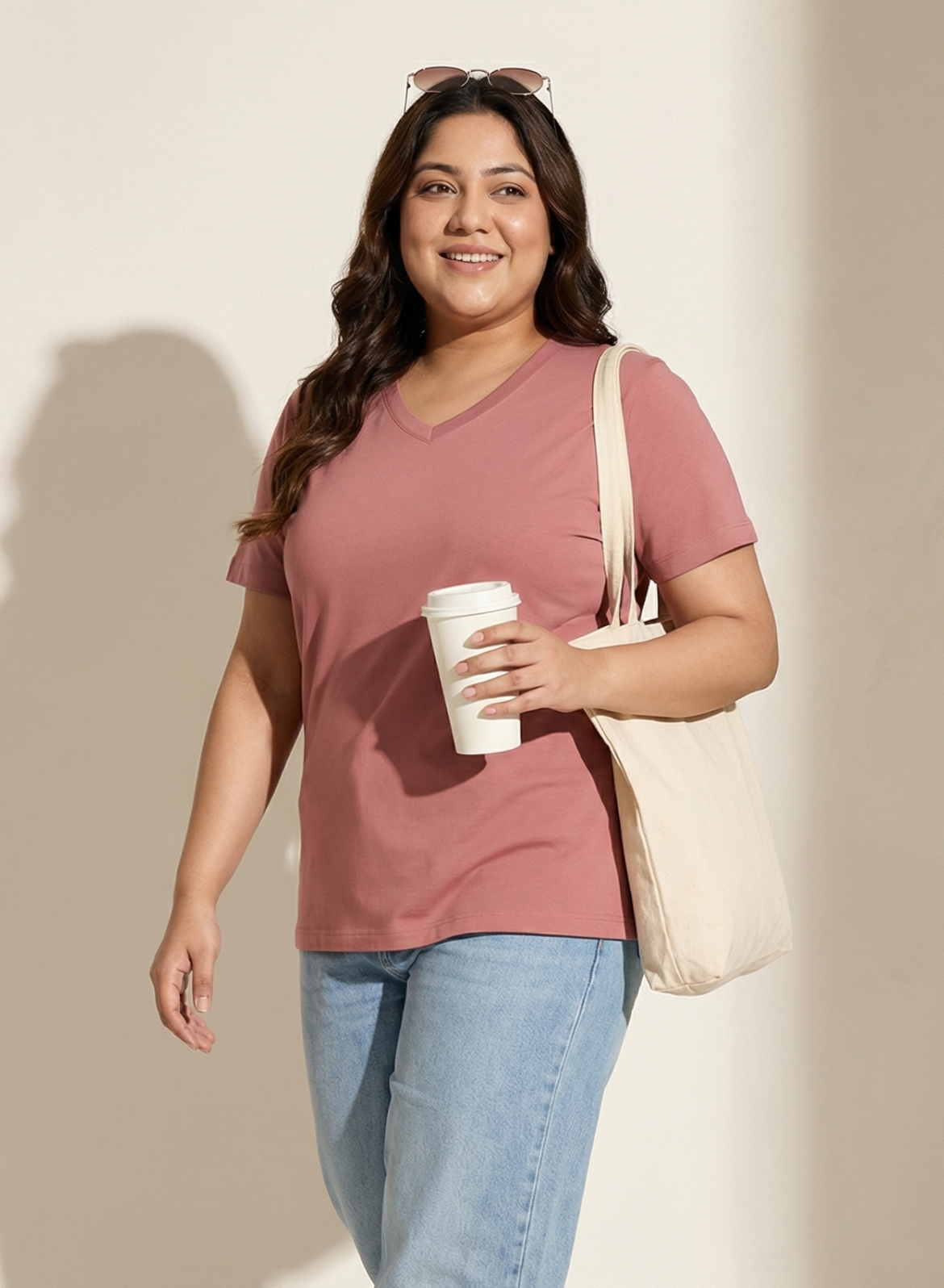 Pretty Pink Solid V-Neck T-shirt for Women