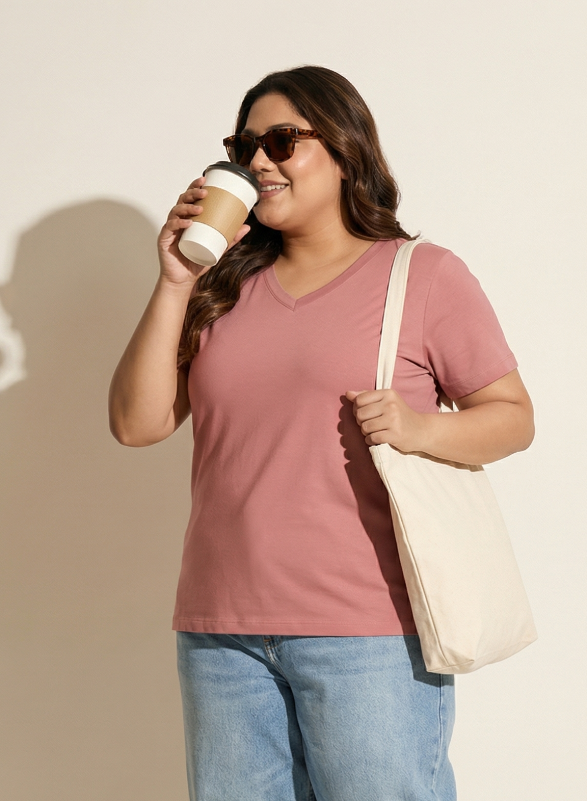 Pretty Pink Solid V-Neck T-shirt for Women