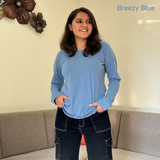 Breezy Blue Full Sleeves Solid T-shirt for Women