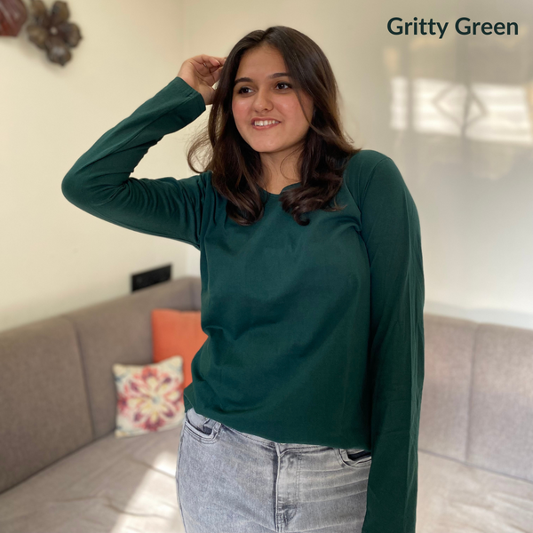 Gritty Green Full Sleeves Solid T-shirt for Women