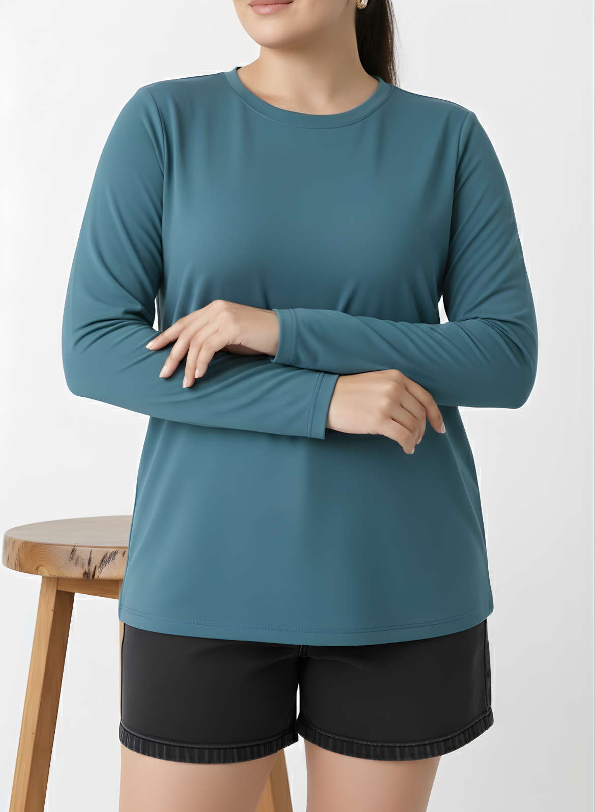 Peacock Teal Full Sleeves Solid T-shirt for Women