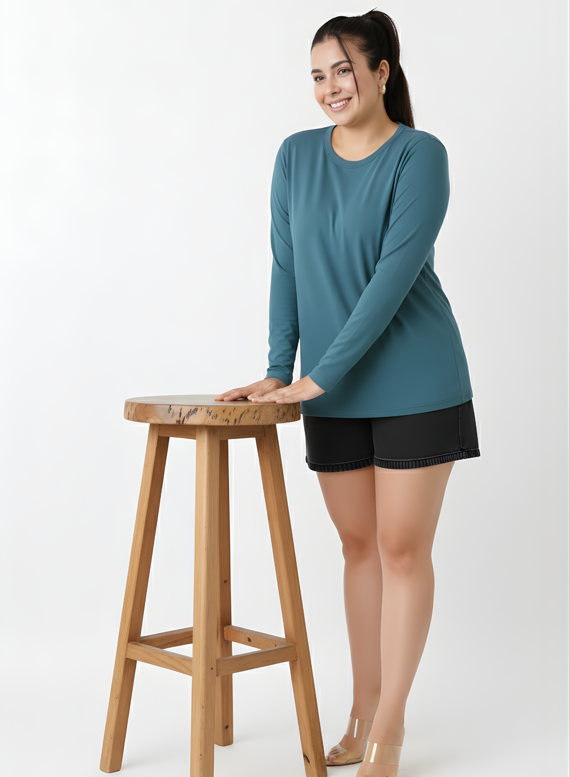 Peacock Teal Full Sleeves Solid T-shirt for Women