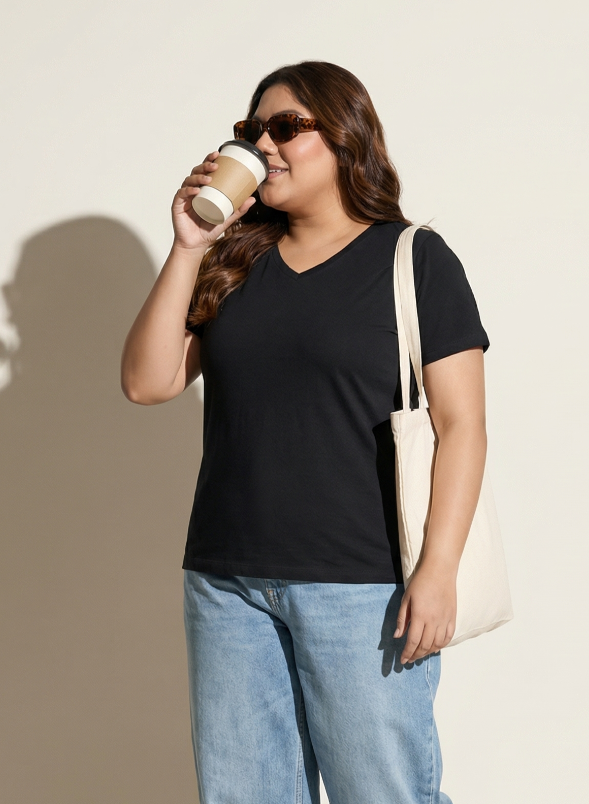 Brazen Black Solid V-Neck T-shirt for Women