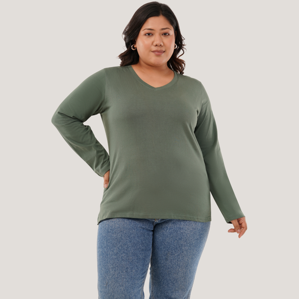 Matcha Mint Full Sleeves V-Neck T-shirt
