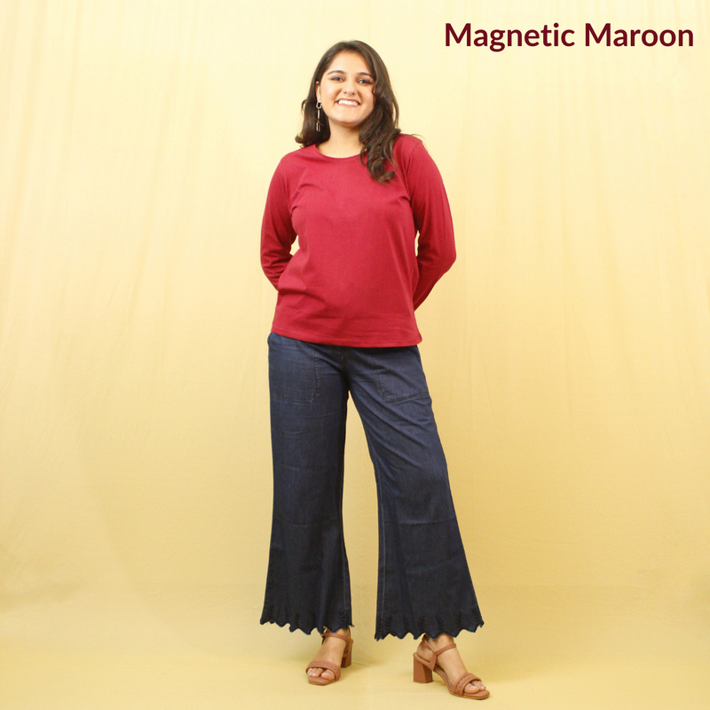 Magnetic Maroon Full Sleeves Solid T-shirt for Women