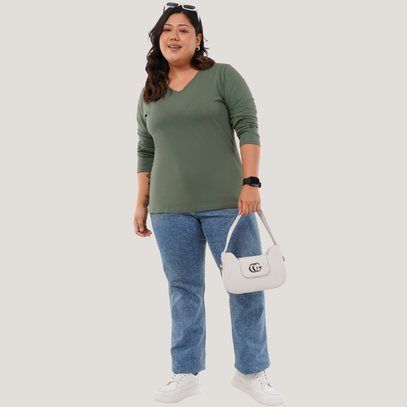 Matcha Mint Full Sleeves V-Neck T-shirt