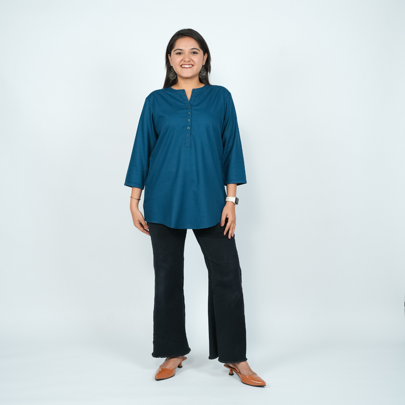 Solid Cotton Short Kurti for Women - Twilight Blue