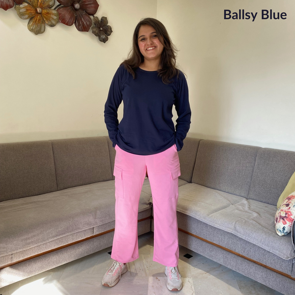 Ballsy Blue Full Sleeves Solid T-shirt for Women