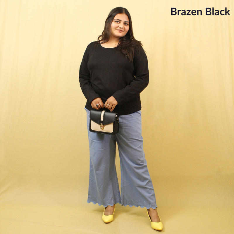 Brazen Black Full Sleeves Solid T-shirt for Women