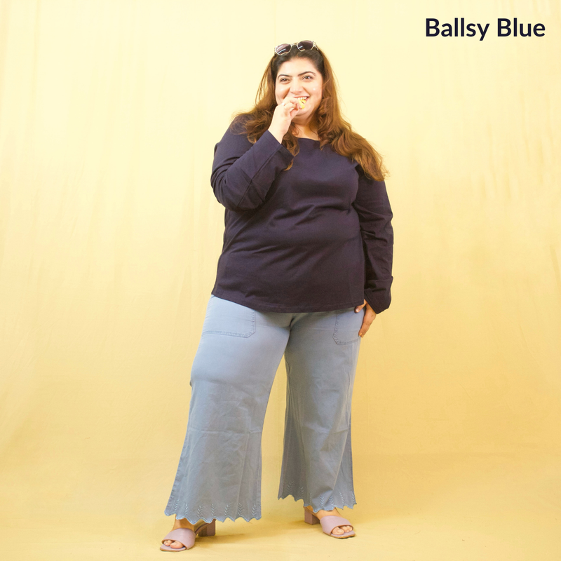 Ballsy Blue Full Sleeves Solid T-shirt for Women