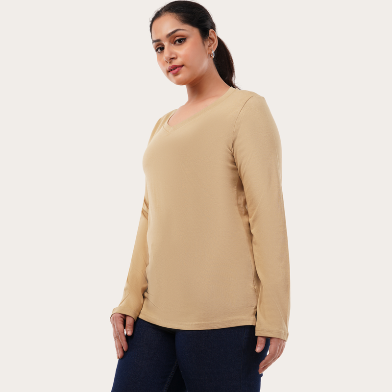 Biscotti Beige Full Sleeves V-Neck T-shirt