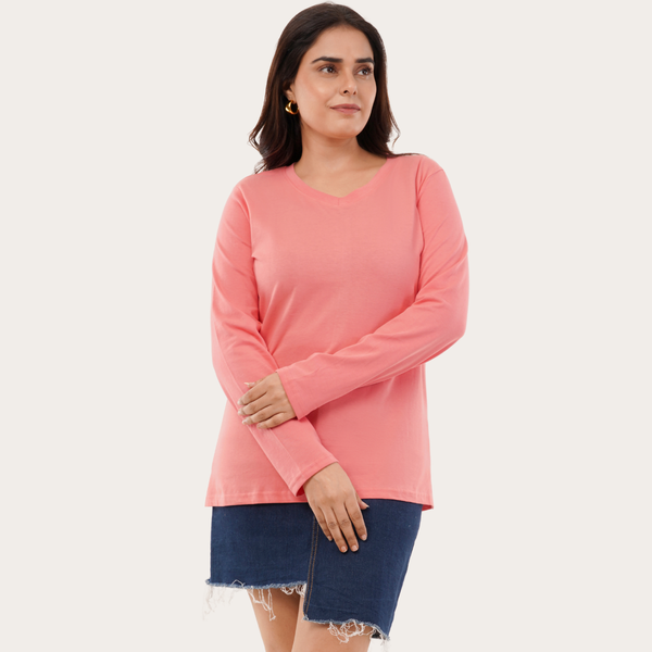 Watermelon Pink Full Sleeves V-Neck T-shirt