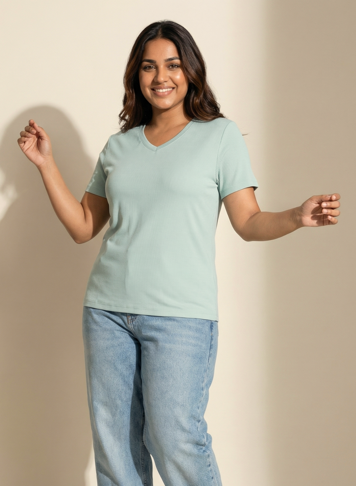 Glossy Green Solid V-Neck T-shirt for Women