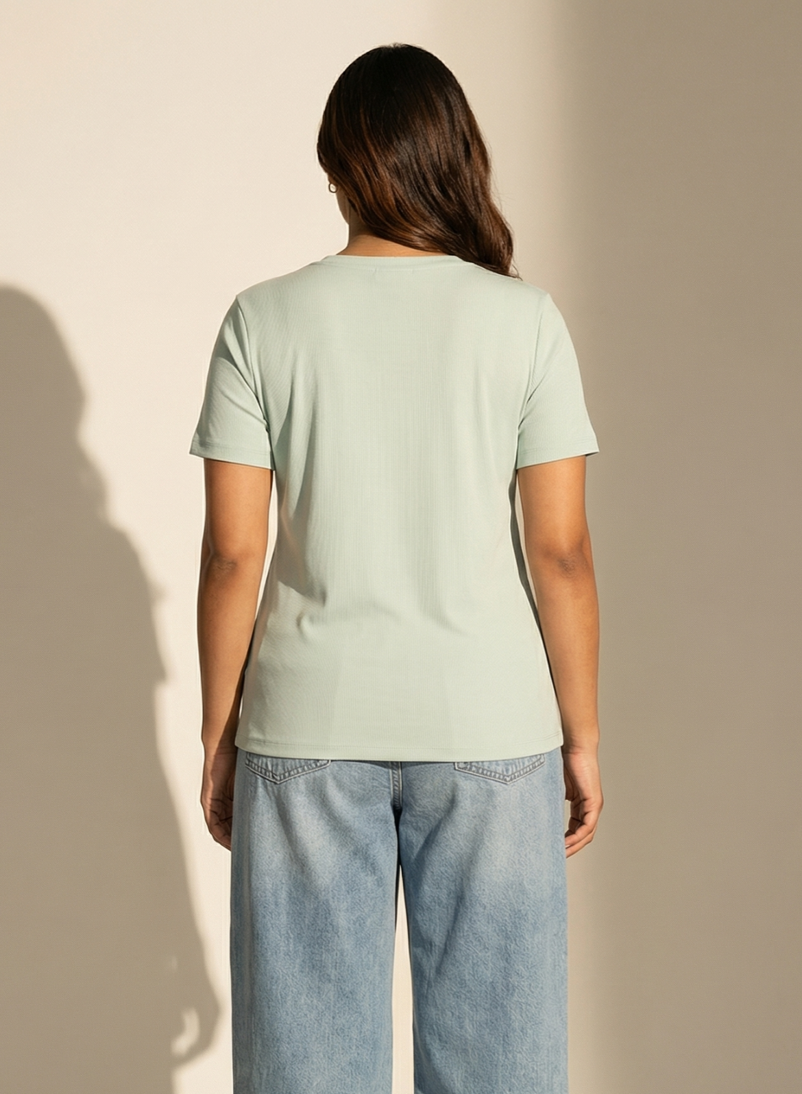 Glossy Green Solid V-Neck T-shirt for Women