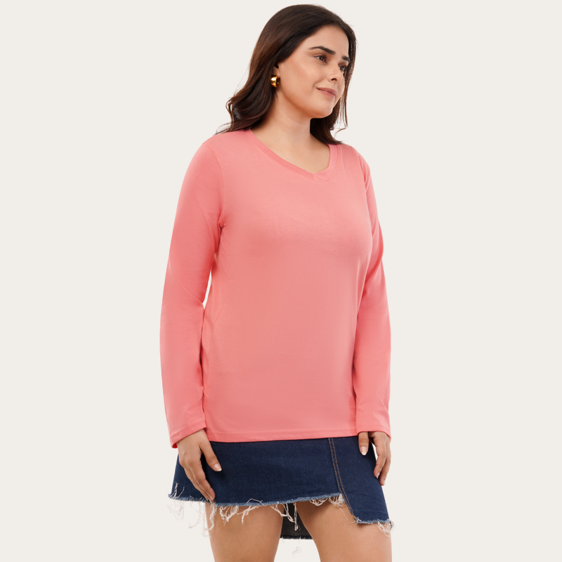 Watermelon Pink Full Sleeves V-Neck T-shirt