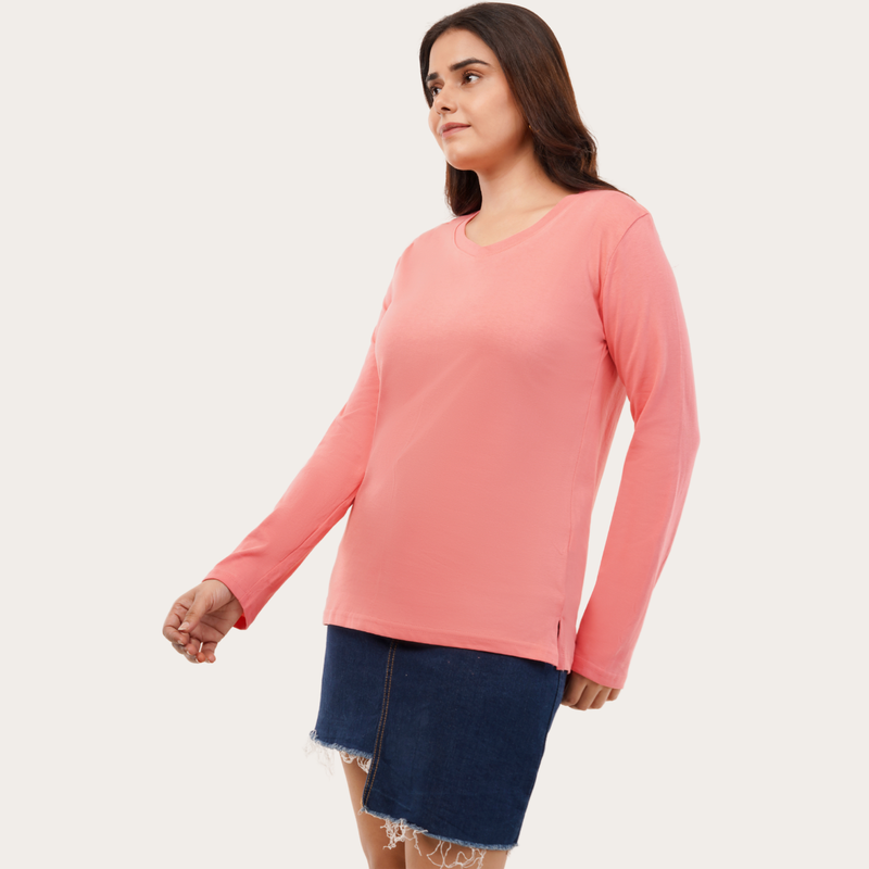 Watermelon Pink Full Sleeves V-Neck T-shirt
