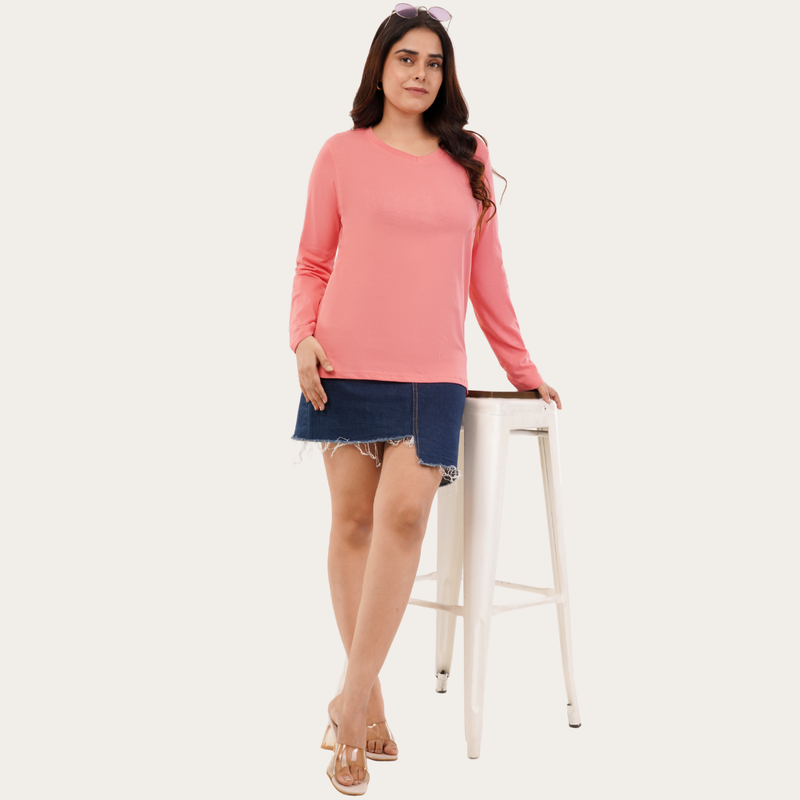 Watermelon Pink Full Sleeves V-Neck T-shirt