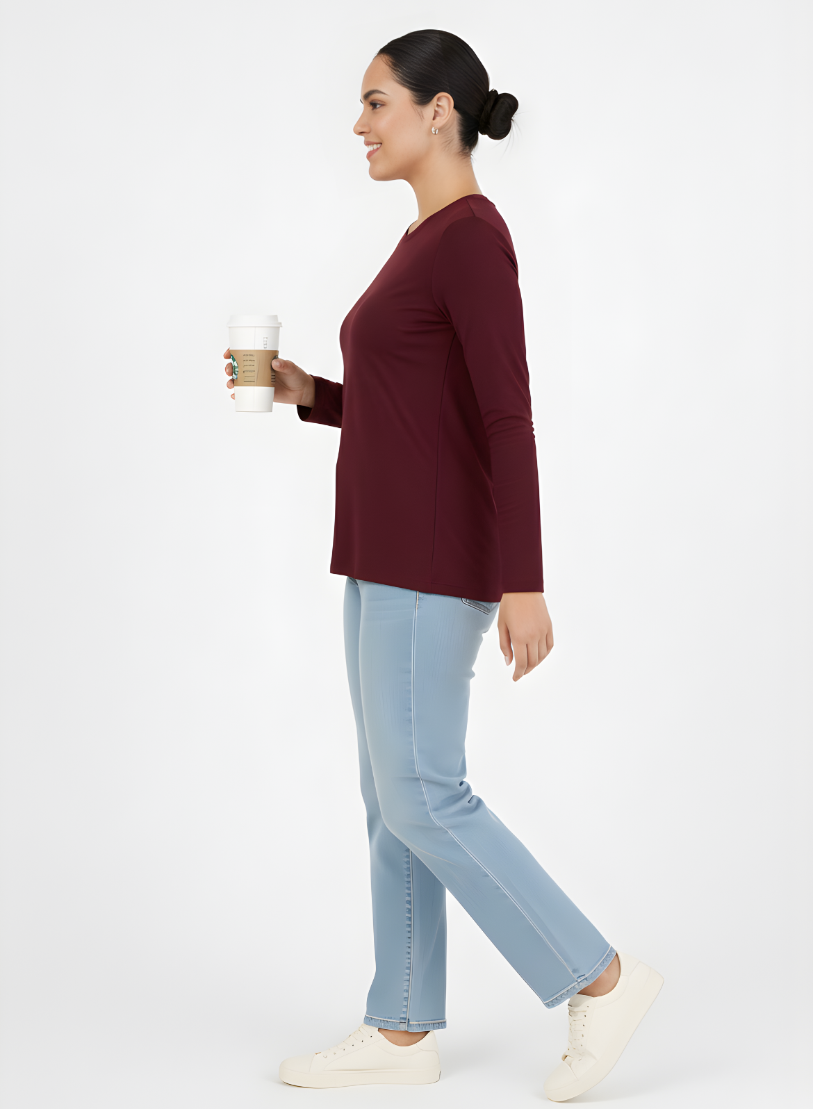 Burning Burgundy Full Sleeves Solid T-shirt for Women