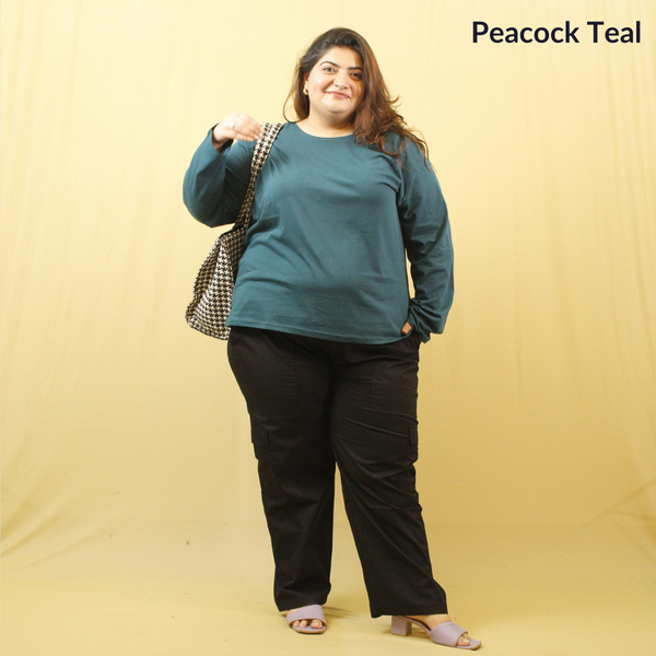 Peacock Teal Full Sleeves Solid T-shirt for Women