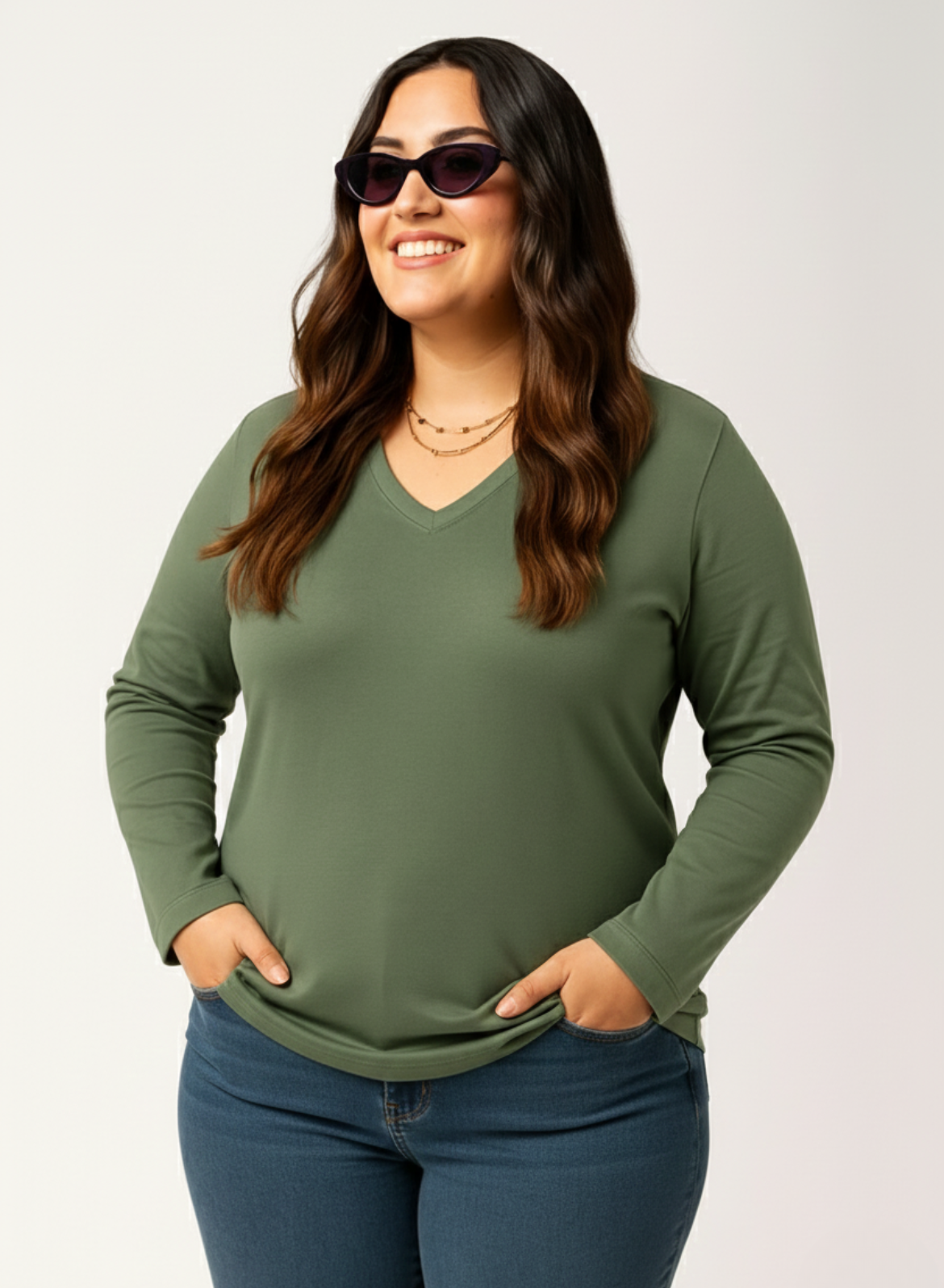 Matcha Mint Full Sleeves V-Neck T-shirt