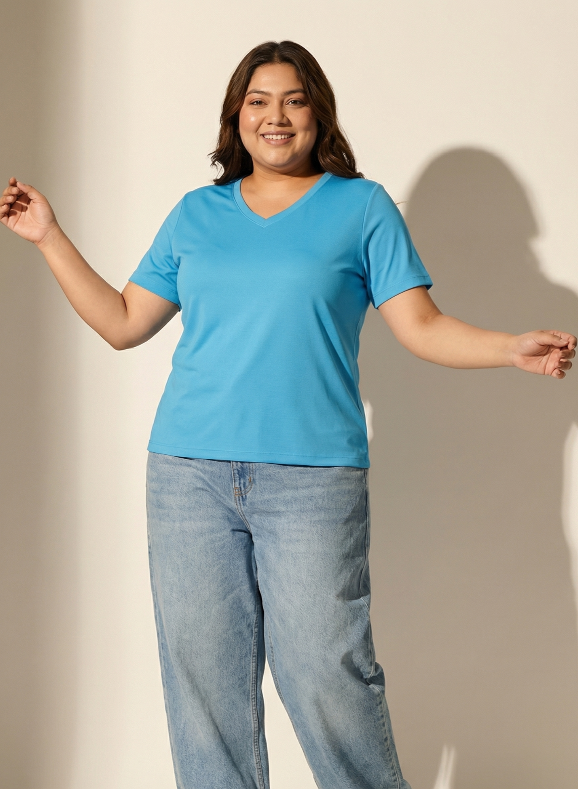 Trendy Turquoise Solid V-Neck T-shirt for Women