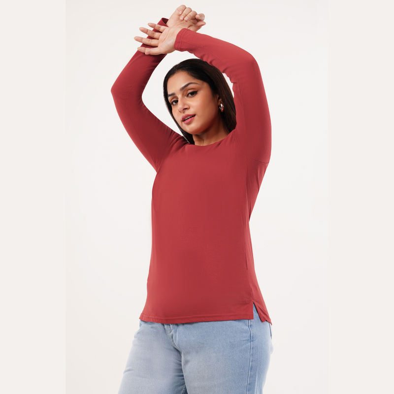 Coral Crush Full Sleeves Solid T-shirt for Women