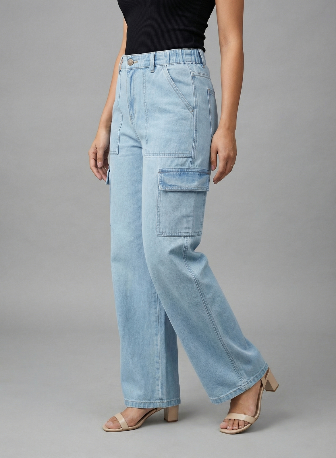 Women's Light Blue Relaxed Fit Cargo Jeans