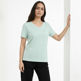 Glossy Green Solid V-Neck T-shirt for Women