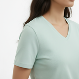 Glossy Green Solid V-Neck T-shirt for Women