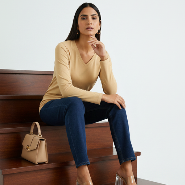 Biscotti Beige Full Sleeves V-Neck T-shirt