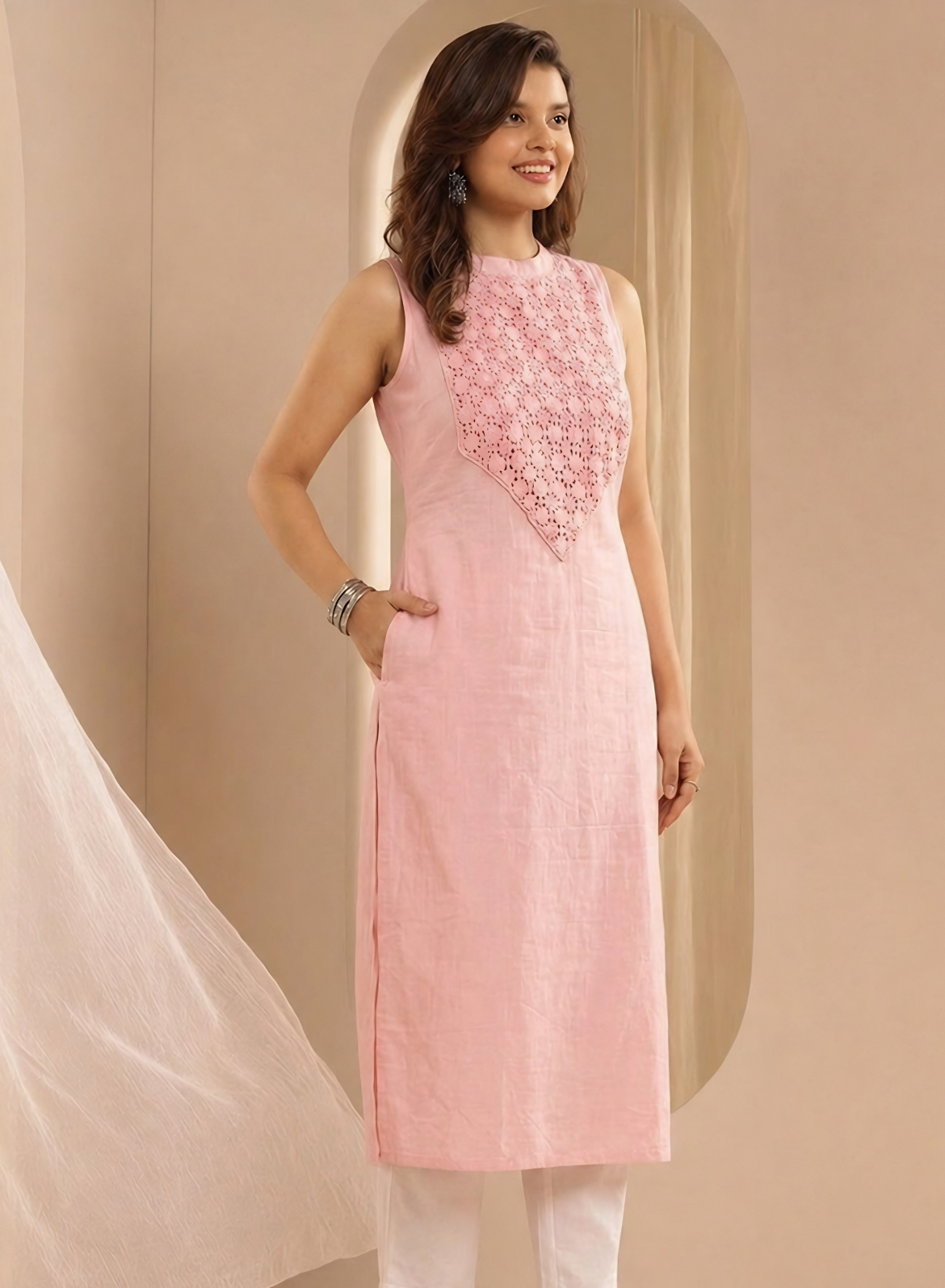 Pink Cotton Embroidered Long Kurta