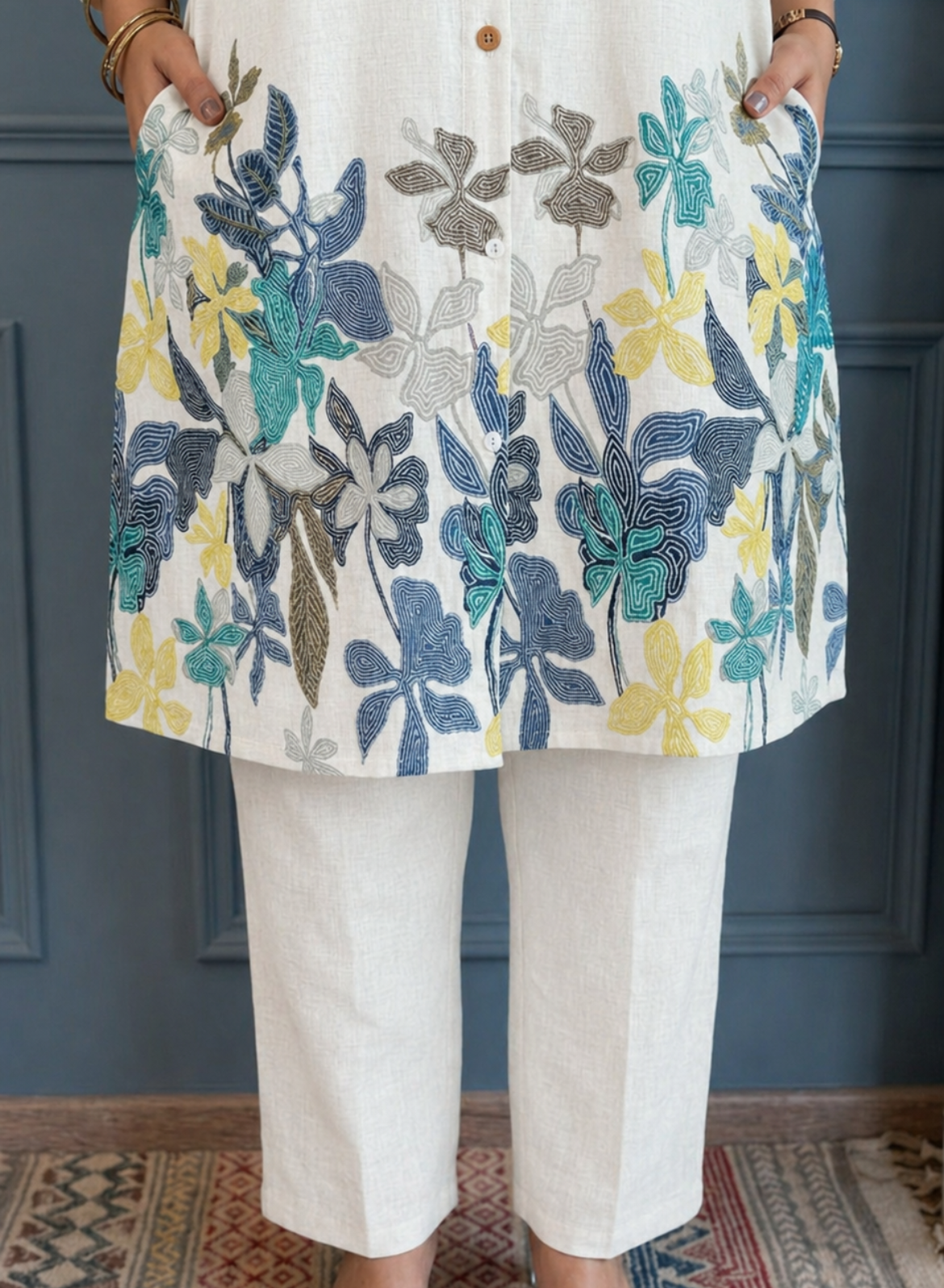 Beige Floral Printed Kurta Pant Set